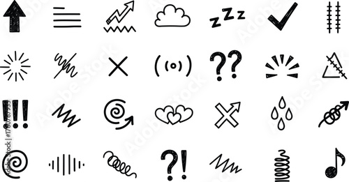 Hand Drawn Doodle Symbols Set on White Background Arrows, Shapes, Marks and Icons
