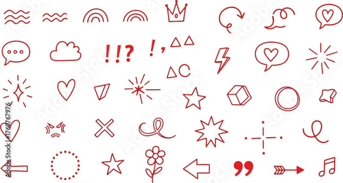 Hand Drawn Doodles Icons, Waves, Rainbows, Crown, Arrows and other Elements in Red