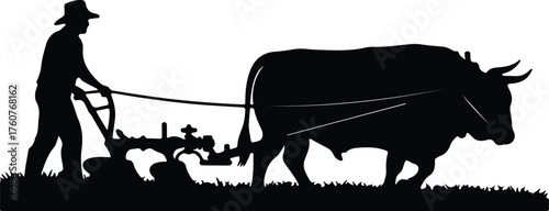 Vector farmer plowing field with ox silhouette illustration