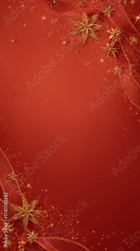 Festive Holiday Decoration With Red Background and Golden Stars and Ribbons Shining Bright