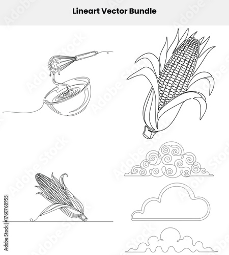 Line Art Bundle Corns, Whisker with Honey, Clouds on Transparent Background
