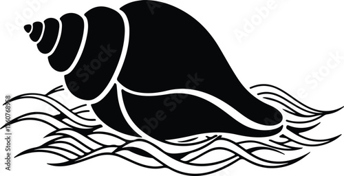 Vector Seashell conch shell on ocean wave black silhouette illustration