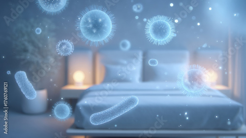 Illustration of bacteria in a bedroom, highlighting cleanliness and hygiene concerns in home environments.