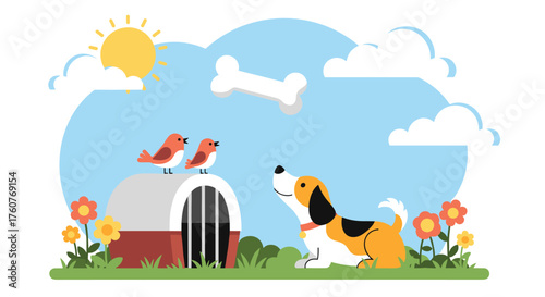 A happy dog watches birds perched on a doghouse on a sunny day.