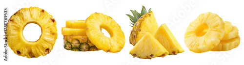 Set isolated fresh tropical fruit, ripe sliced pineapple in various style, on transparent background.