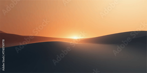 Serene desert landscape at sunset with warm golden light illuminating rolling dunes