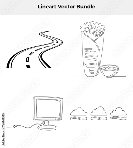 Line Art Bundle Road, Shawarma, Computer Monitor, Clouds on White Background