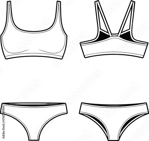 Schilderij op canvas Bikini top and bottom sketch, scoop and V-neck styles, crisscross straps, classi