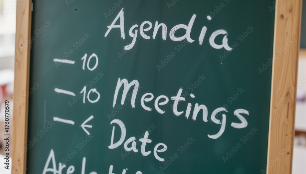 Obraz premium Chalkboard agenda with meetings and date listed in office space 