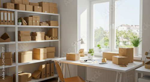 Bright room with shelves full of cardboard boxes and a desk with more boxes, suggesting a small business or home office fulfillment center.