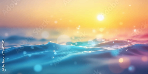 Calm ocean waves reflecting golden sunset sky with sparkling light particles