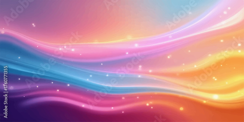 Abstract flowing waves of vibrant pastel colors with sparkling light particles and bokeh effects