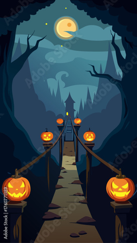 Spooky halloween bridge pathway lined with jack o lanterns under a full moon