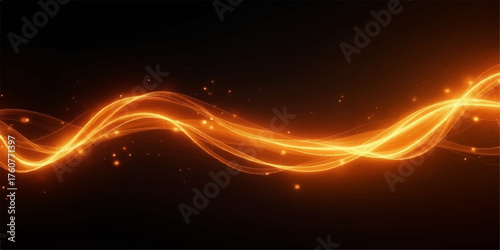 Abstract glowing orange energy wave with sparkling particles on a dark background