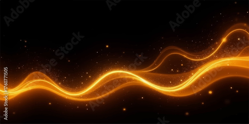 Abstract glowing golden wave of light energy with sparkling particles on a dark background