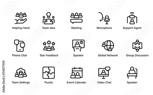 A modern set of business collaboration icons. Perfect for illustrating teamwork, virtual meetings, global communication, and remote support networks for websites and corporate materials.