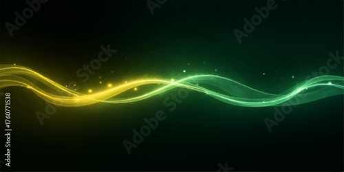 Abstract glowing wavy lines of yellow and green light with sparkling particles on a dark background