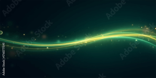 Abstract glowing green and yellow wave of light energy flowing through dark space