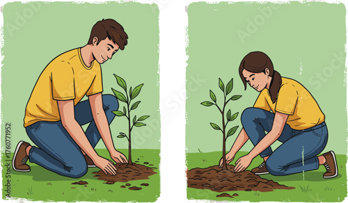 Tree planting, environmental care, nature conservation, green field, young trees, teamwork, sustainability, eco-friendly action, spring gardening, outdoor activity