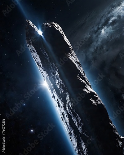 Massive Interstellar Oumuamua-like Object in Deep Space: Dark Elongated Asteroid with Bright Light Ray