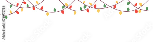 Christmas border featuring strings of red, green, yellow, and orange lights draped across a white background for holiday designs