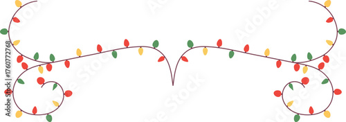 Elegant symmetrical holiday border with swirling garlands adorned with red, green, yellow, and orange Christmas lights