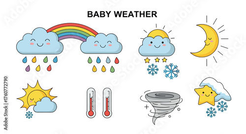 Cute weather illustrations for babies and children showing different weather conditions.