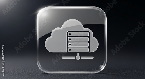Glass cloud server icon on dark background cloud computing, data storage, and networking concept modern design element for technology and business presentations