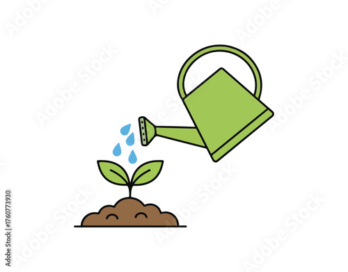watering the little plant sprouting from the soil using a watering can. Tiny plant emerging from the earth. vector illustration in Flat style
