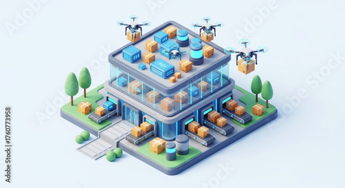 Isometric warehouse with drones delivering parcels, showcasing modern logistics and ecommerce solutions