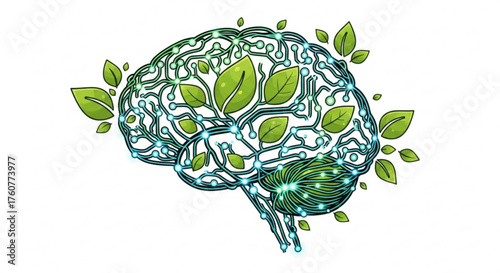 Brain with leaves, representing mental health, ecofriendly thinking, and sustainable ideas