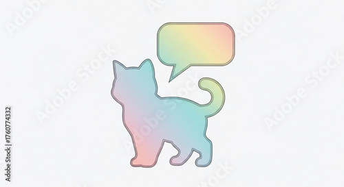 A charming illustration of a cat with a speech bubble, , rendered in soft pastel gradients, creating a whimsical and modern design element