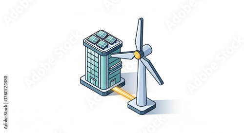 Isometric illustration of a modern building with solar panels and a wind turbine connected by a yellow cable, clean energy concept