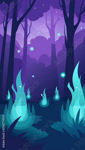 Mystical forest with glowing blue flames and orbs
