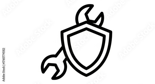 Wrench and shield icon, representing security, protection, maintenance, repair, and technical support for various systems