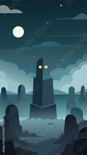 Mysterious tower with glowing eyes under a full moon