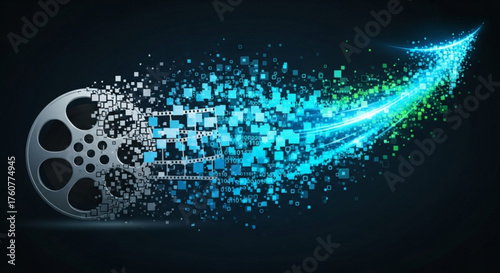 Film reel disintegrating into digital pixels and light trails, representing the transition from traditional media to digital media and the future of cinema