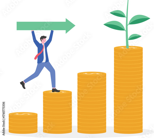 A businessman pointing an upward arrow toward a plant growing at the top of a chart, illustration of improved eco-friendly business performance
