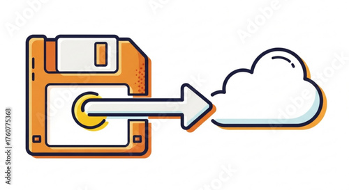 Floppy disk with arrow pointing to cloud, representing data migration to cloud storage