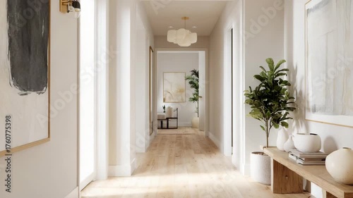 Bright modern hallway interior with wooden floor, natural light, and minimal Scandinavian home decor

