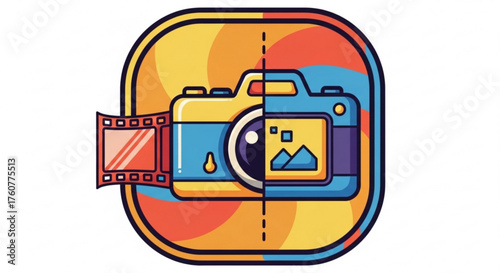 A split camera icon with film strip, a colorful digital illustration representing photography and videography, ideal for a creative studio or media company