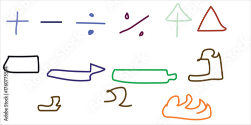 Collection of hand drawn mathematical symbols and simple geometric shapes on a white background