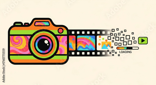 A colorful cartoon camera with a film strip that is dissolving into squares, a play button, and a loading bar
