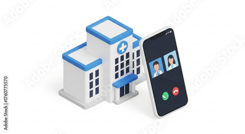 Isometric hospital building with a smartphone showing a video call with two doctors, representing telemedicine
