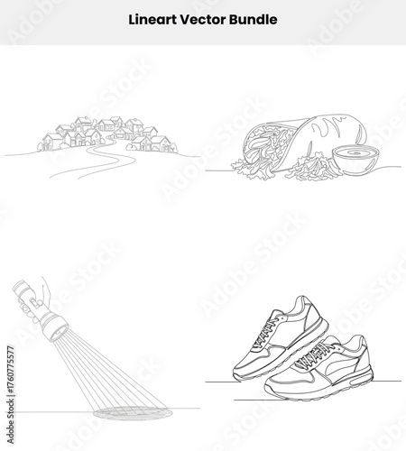 Linear Art Set with Burrito, Houses, Flashlight and Shoes on White Background