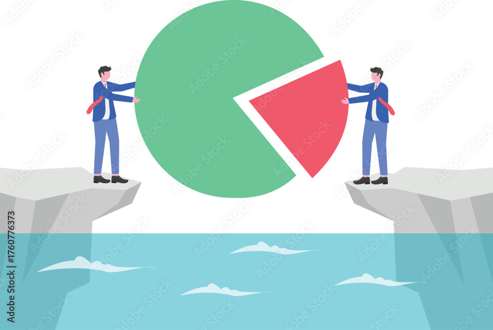 Obraz premium two businessmen standing at opposite ends of a cliff lifting a giant pie chart together, 