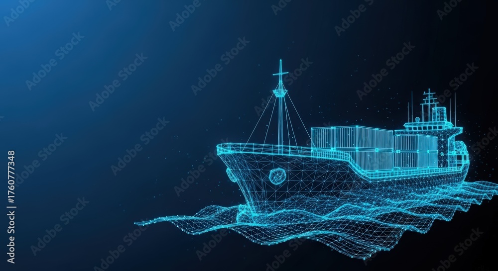 Obraz premium A glowing blue wireframe cargo ship sailing on a digital sea