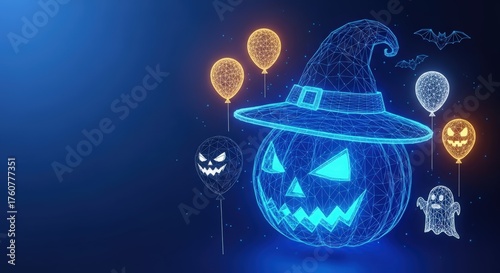 A glowing blue wireframe Jackolantern wearing a witch hat