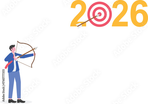 Man wearing a party hat running with an arrow aiming to hit a target board shaped like zero in the number 2026 illustration of appreciation for New Year 2026 celebration
