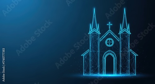 A glowing blue wireframe of a futuristic digital church